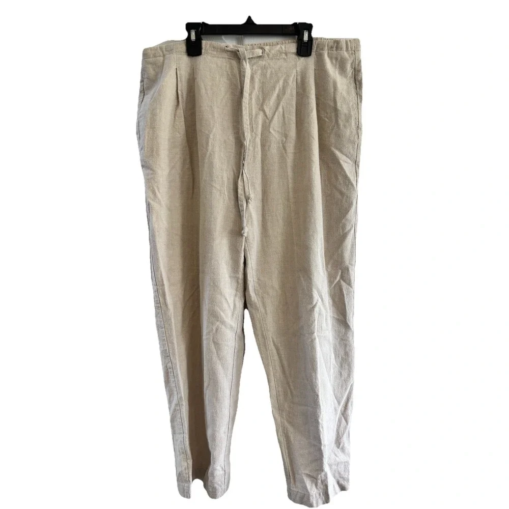 San Simeon Womens Size 10 Linen Blend Beige Wide Leg Pants Pleated‎ Drawstring